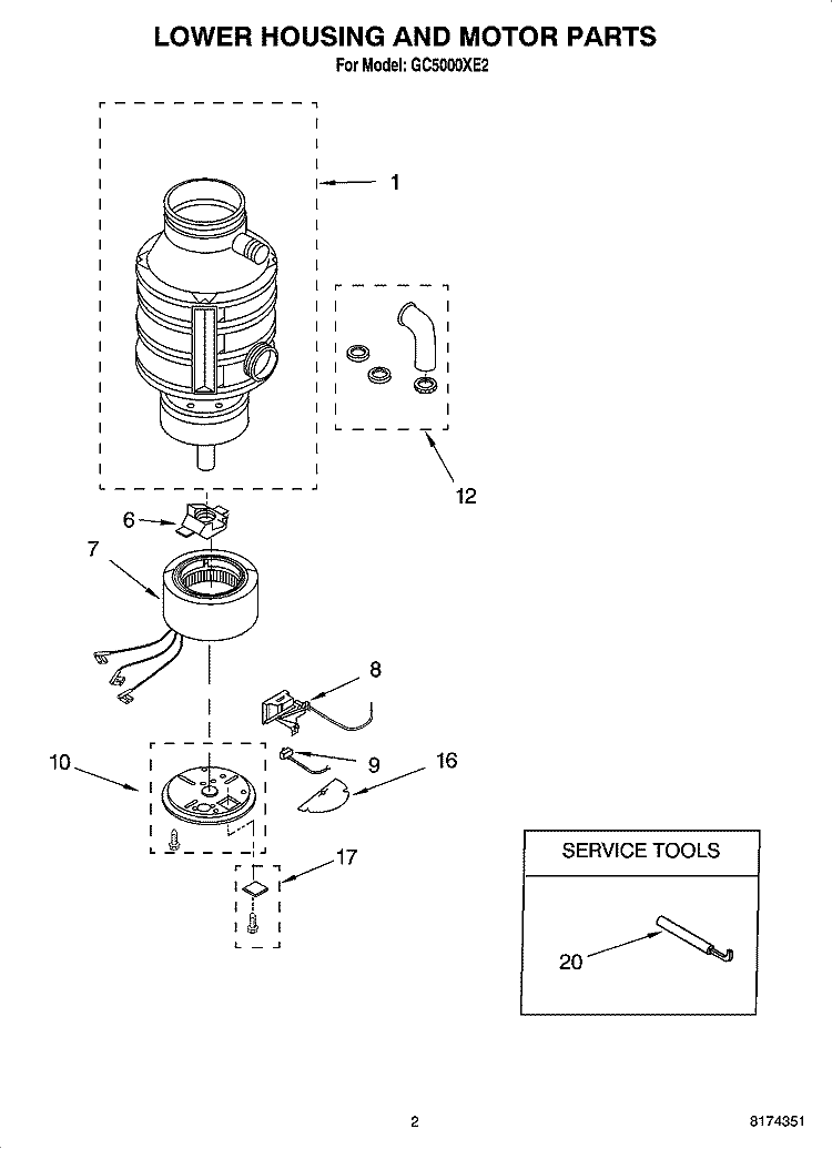 LOWER HOUSING AND MOTOR PARTS Diagram and Parts List for GC5000XE2  Whirlpool Food Waste Disposer