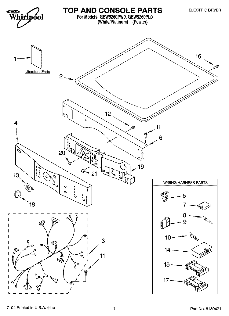 TOP AND CONSOLE PARTS Diagram and Parts List for GEW9260PW0  Whirlpool Dryer