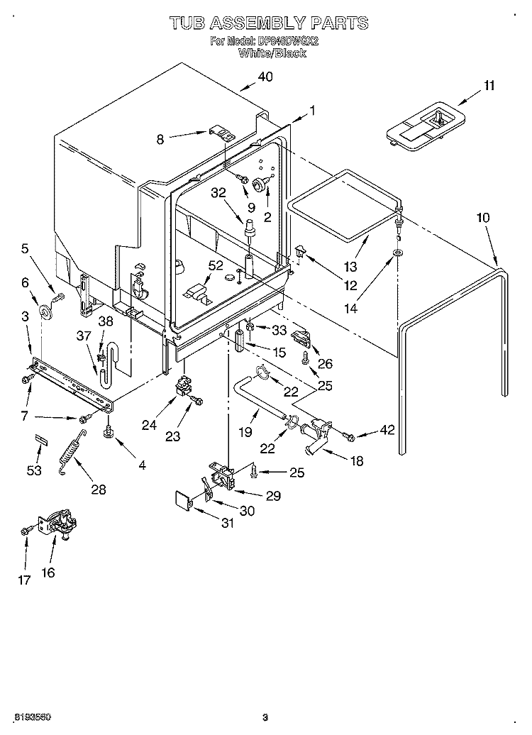 TUB ASSEMBLY Diagram and Parts List for DP840DWGX2  Whirlpool Dishwasher