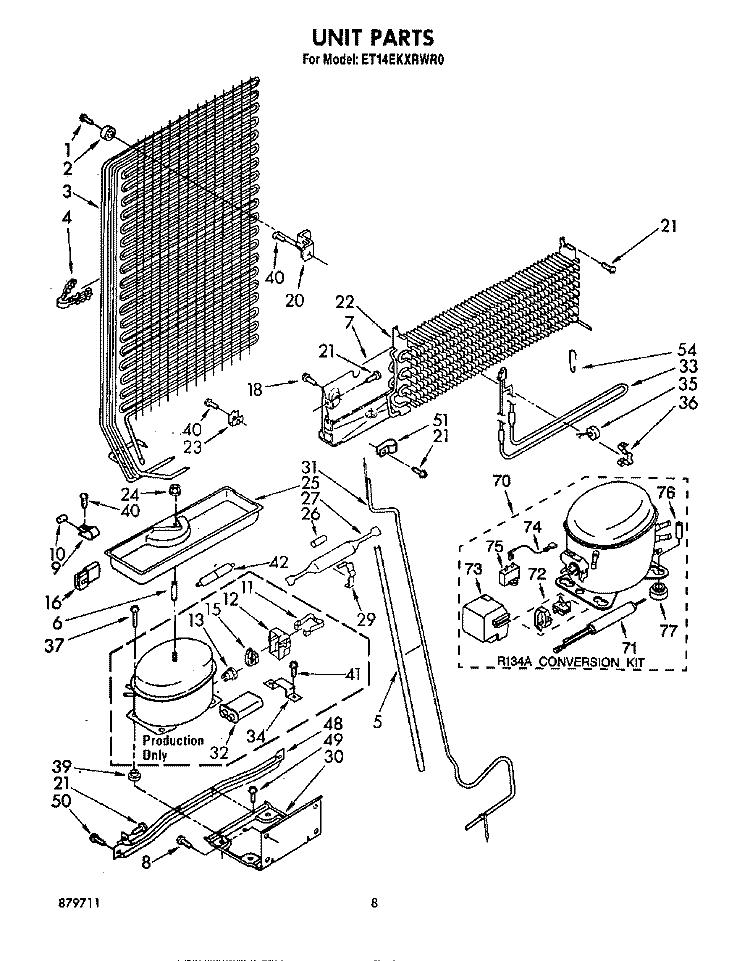 UNIT Diagram and Parts List for ET14EKXRWR0  Whirlpool Refrigerator