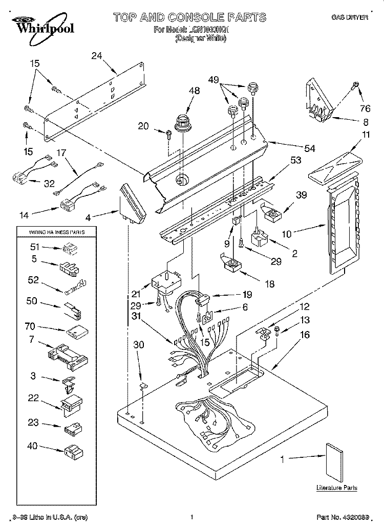 TOP AND CONSOLE, LIT/OPTIONAL Diagram and Parts List for LGN1000HQ1  Whirlpool Dryer