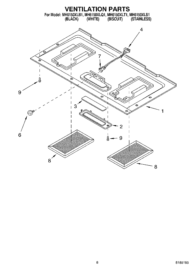 VENTILATION PARTS Diagram and Parts List for MH6150XLB1  Whirlpool Microwave