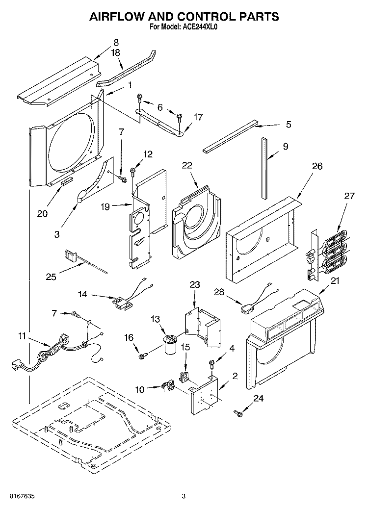 AIR FLOW AND CONTROL Diagram and Parts List for ACE244XL0  Whirlpool Air Conditioner