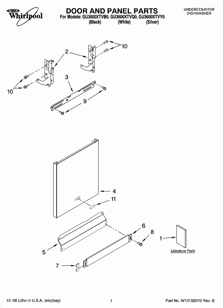 DOOR AND PANEL PARTS Diagram and Parts List for GU3600XTVQ0  Whirlpool Dishwasher