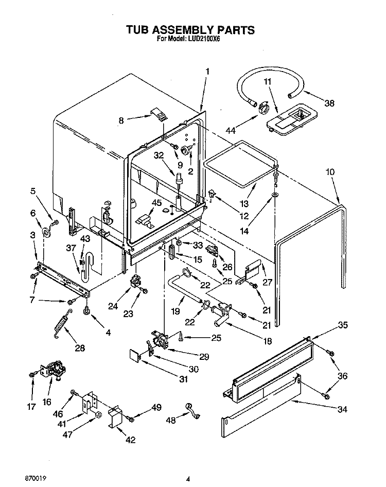 TUB ASSEMBLY, LIT/OPTIONAL Diagram and Parts List for LUD2100X6  Whirlpool Dishwasher