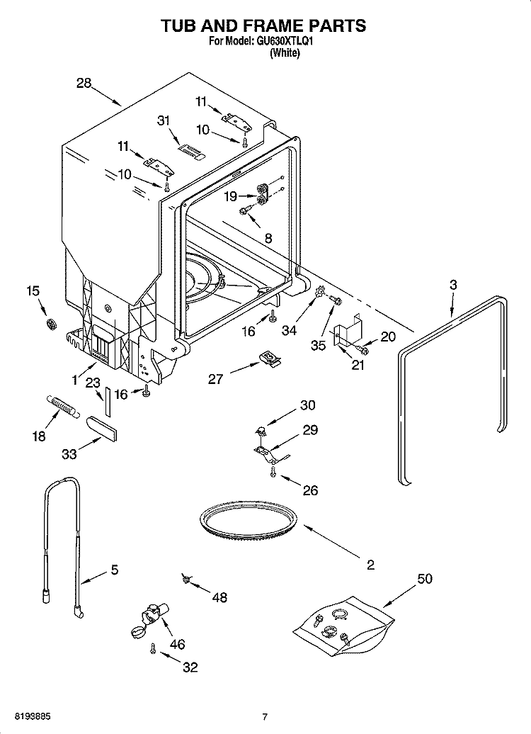 TUB AND FRAME PARTS Diagram and Parts List for GU630XTLQ1  Whirlpool Dishwasher