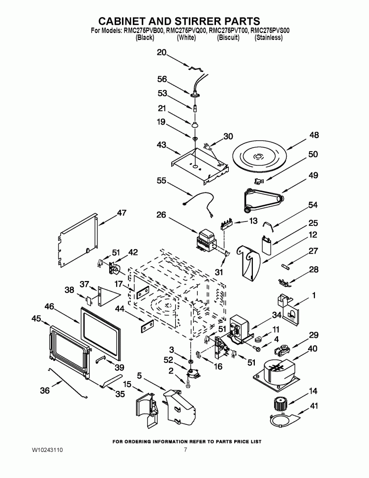 CABINET AND STIRRER PARTS Diagram and Parts List for RMC275PVB00  Whirlpool Microwave Oven Combo