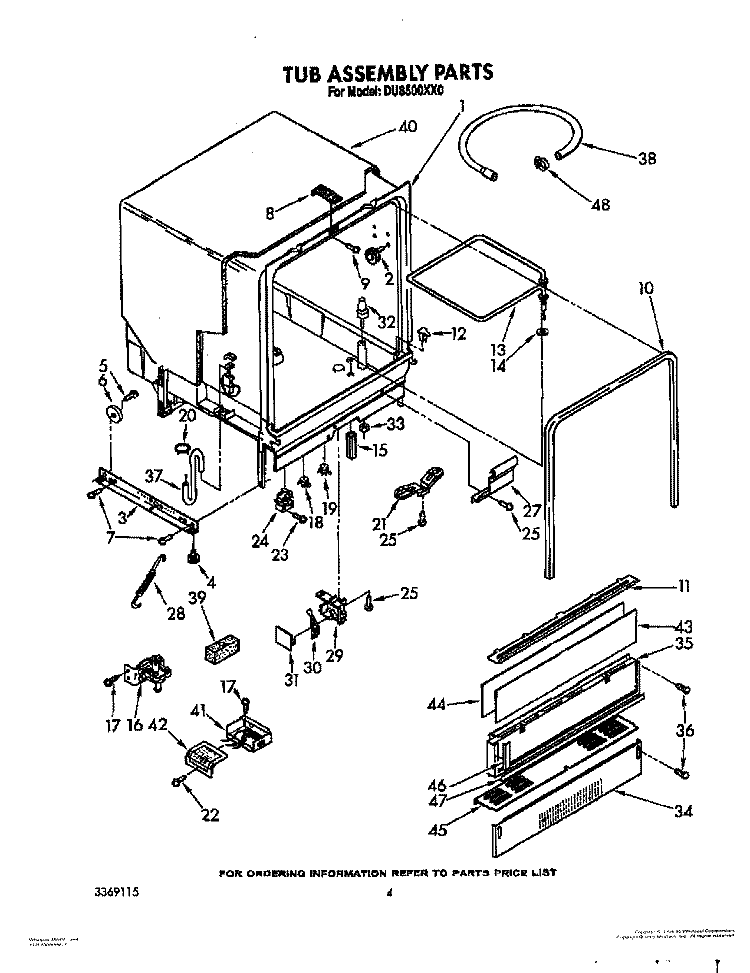 TUB ASSEMBLY Diagram and Parts List for DU8500XX0  Whirlpool Dishwasher