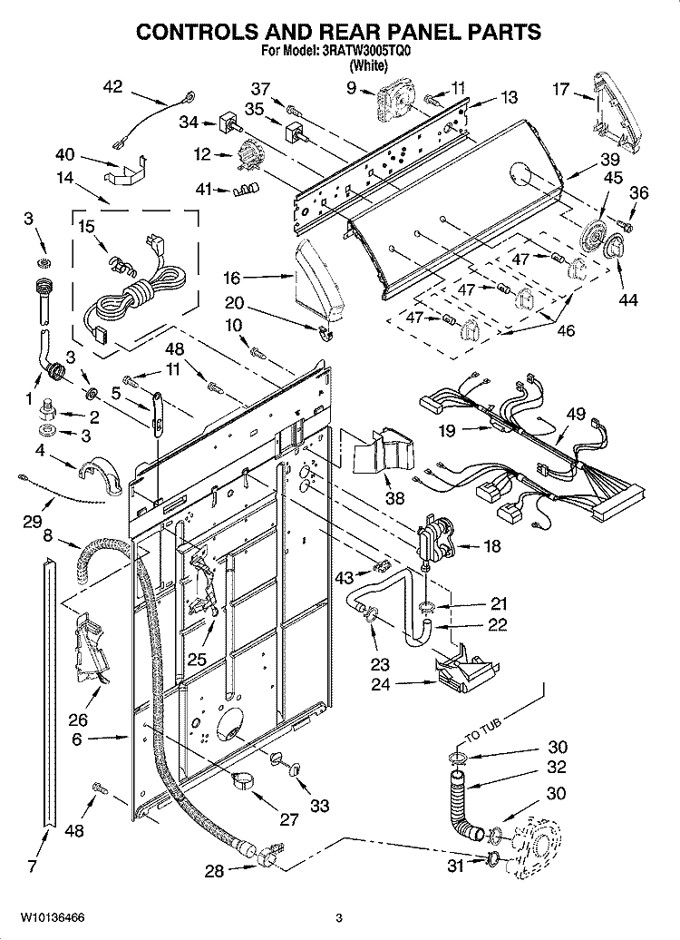 CONTROLS AND REAR PANEL PARTS Diagram and Parts List for 3RATW3005TQ0  Whirlpool Washer