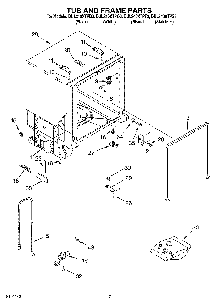 TUB AND FRAME PARTS Diagram and Parts List for DUL240XTPB3  Whirlpool Dishwasher