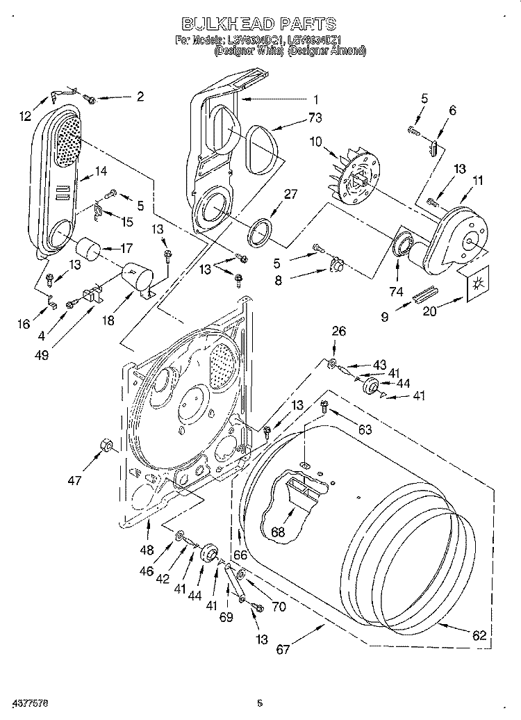 BULKHEAD Diagram and Parts List for LGV6634DZ1  Whirlpool Dryer