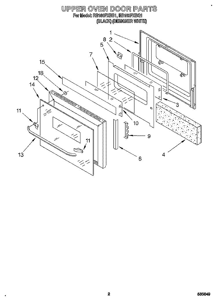UPPER OVEN DOOR Diagram and Parts List for RB160PXBQ1  Whirlpool Wall Oven