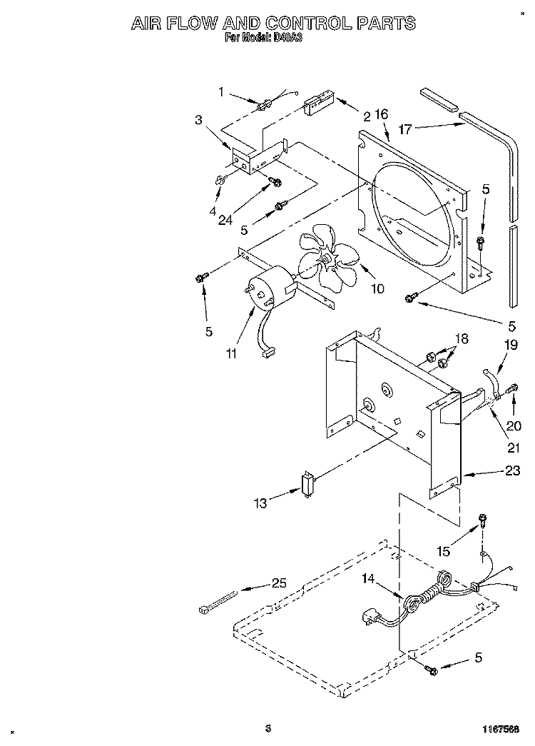 AIRFLOW AND CONTROL Diagram and Parts List for D40A3  Whirlpool Dehumidifier