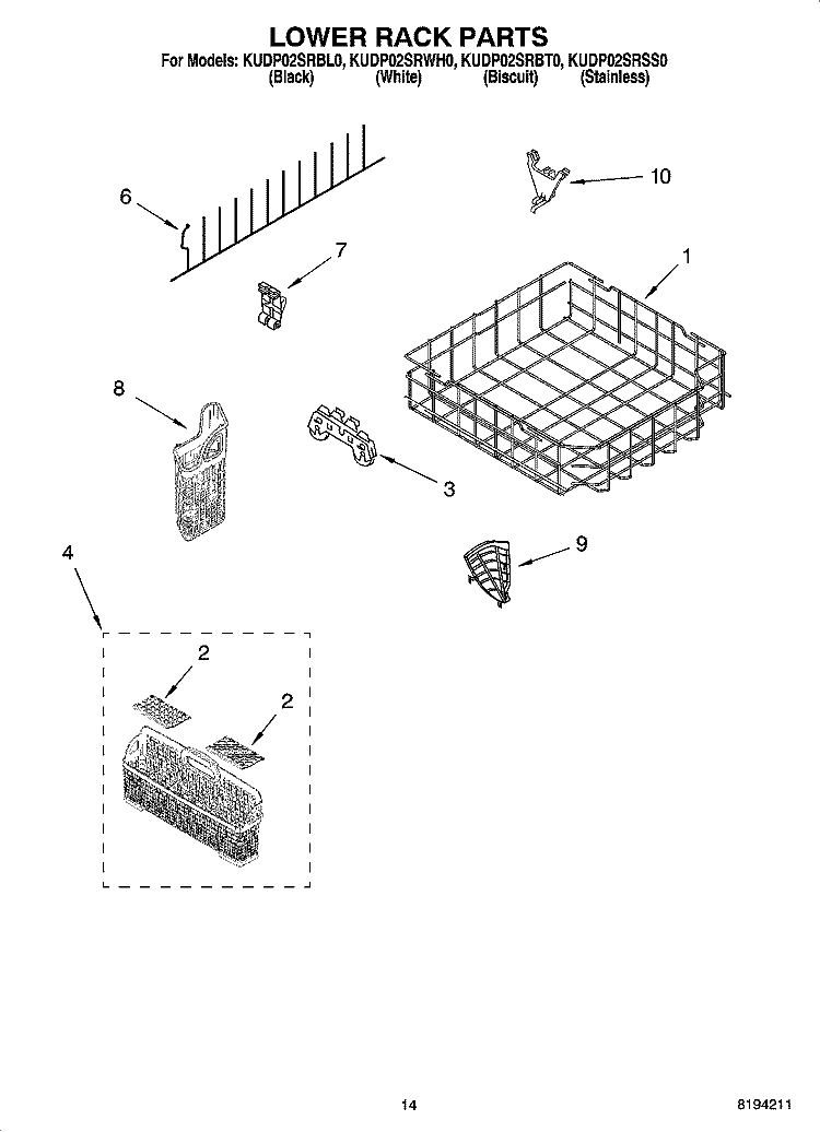 LOWER RACK PARTS, OPTIONAL PARTS (NOT INCLUDED) Diagram and Parts List for KUDP02SRBT0  KitchenAid Dishwasher