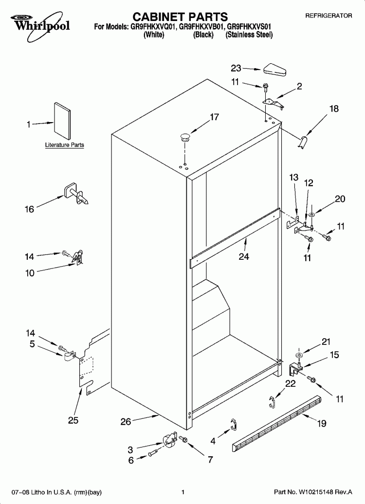 CABINET PARTS Diagram and Parts List for GR9FHKXVB01  Whirlpool Refrigerator