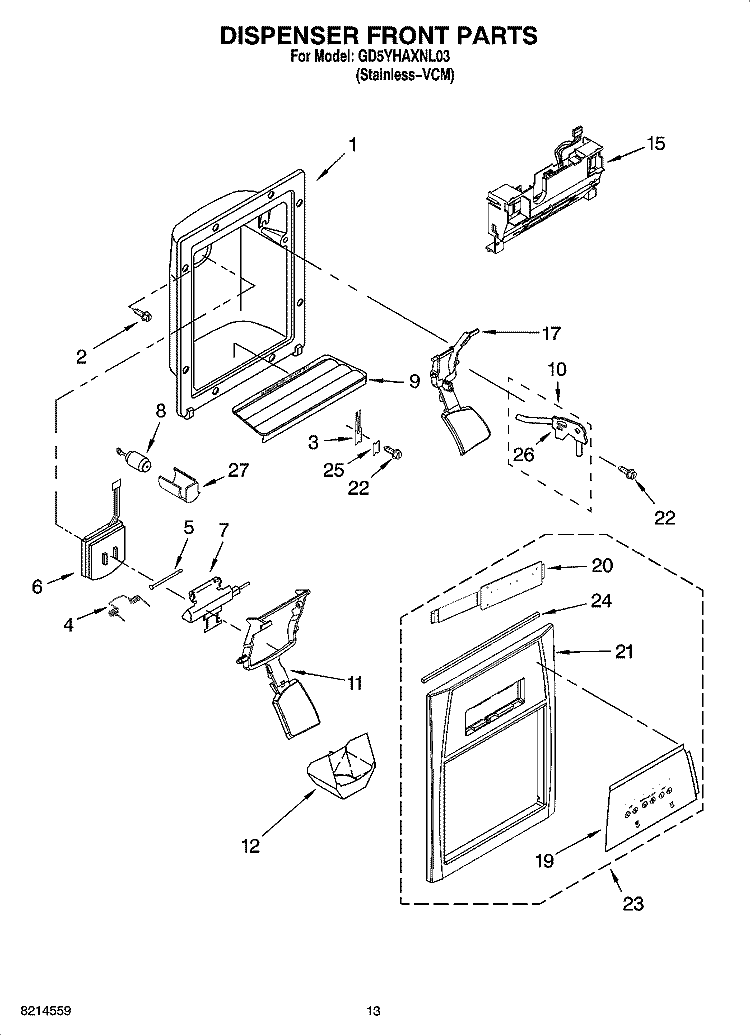 DISPENSER FRONT PARTS Diagram and Parts List for GD5YHAXNL03  Whirlpool Refrigerator