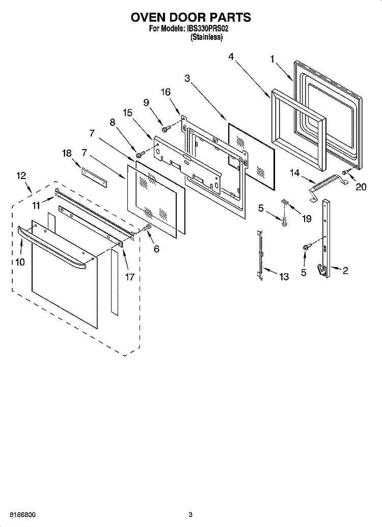 OVEN DOOR PARTS Diagram and Parts List for IBS330PRS02  Whirlpool Wall Oven