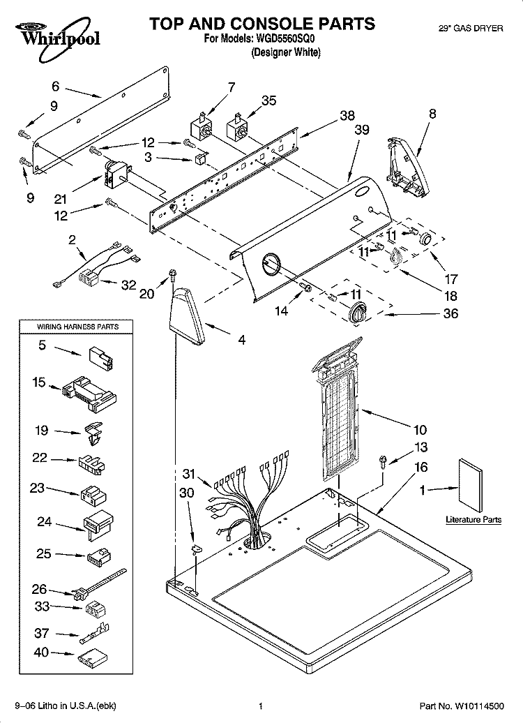 TOP AND CONSOLE PARTS Diagram and Parts List for WGD5560SQ0  Whirlpool Dryer