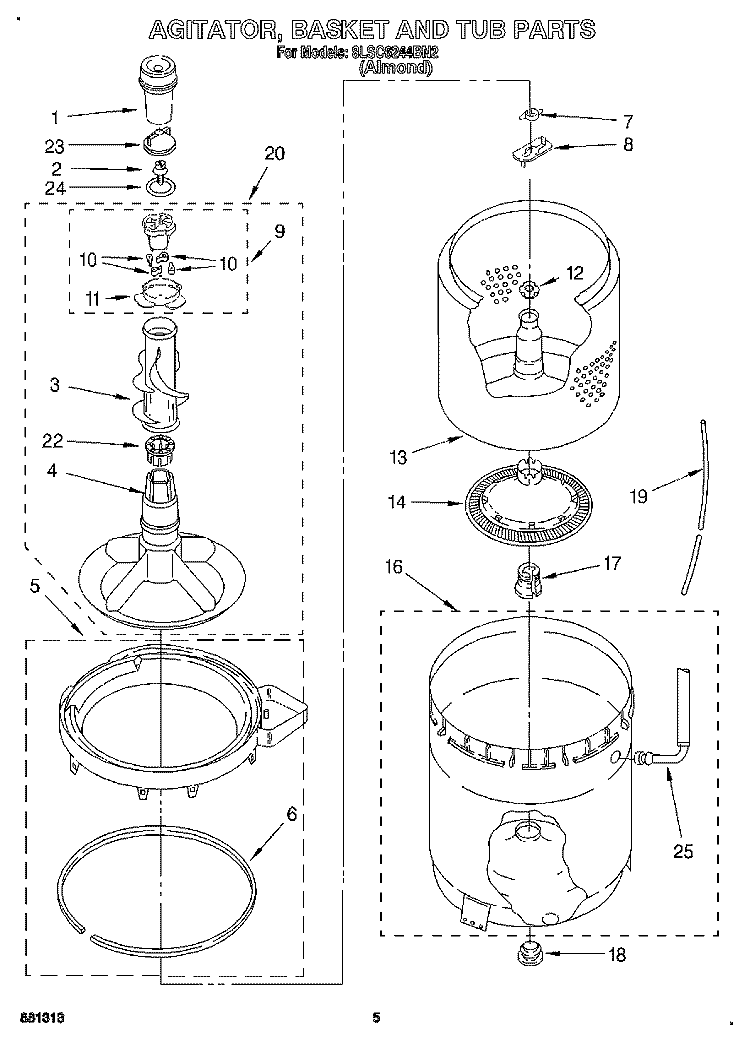 AGITATOR, BASKET AND TUB Diagram and Parts List for 8LSC6244BN2  Whirlpool Washer