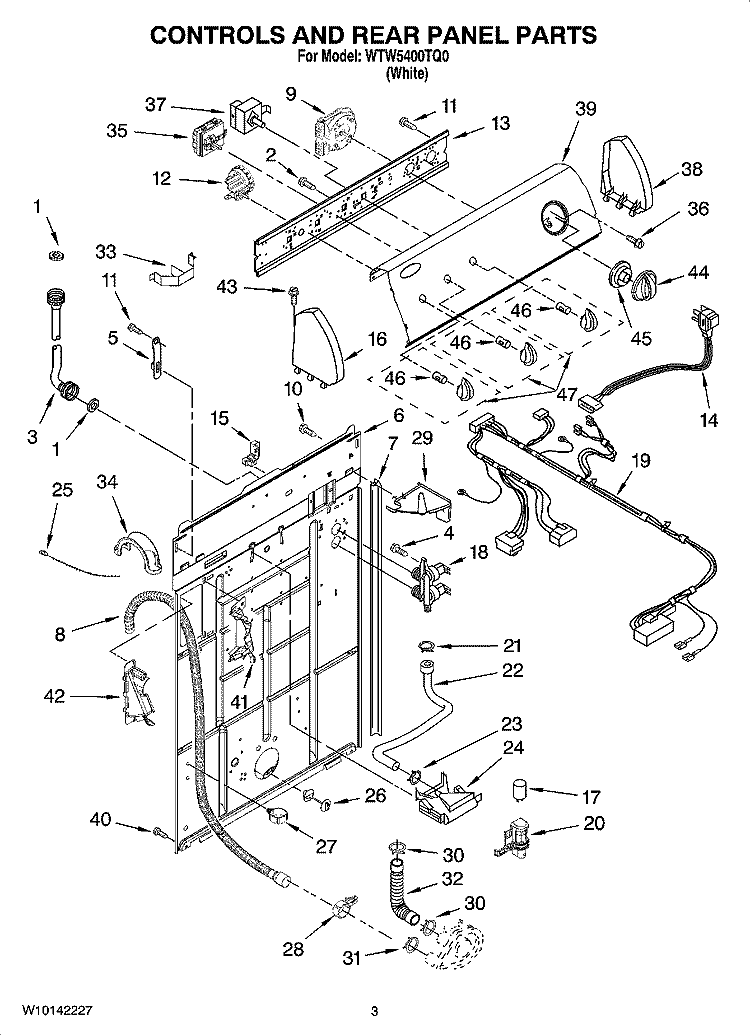 CONTROLS AND REAR PANEL PARTS Diagram and Parts List for WTW5400TQ0  Whirlpool Washer