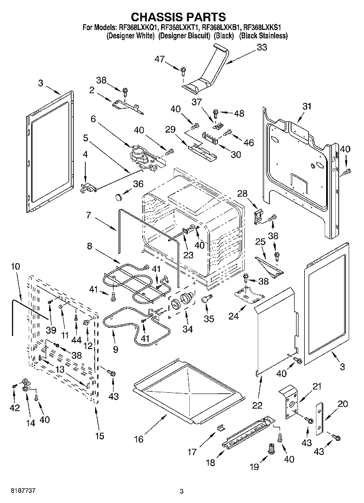 CHASSIS Diagram and Parts List for RF368LXKT1  Whirlpool Range
