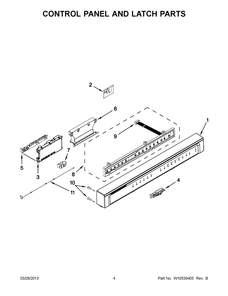 CONTROL PANEL AND LATCH PARTS Diagram and Parts List for WDL785SAAM1  Whirlpool Dishwasher