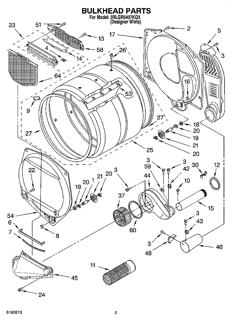 BULKHEAD PARTS Diagram and Parts List for 3RLGR5437KQ3  Whirlpool Dryer