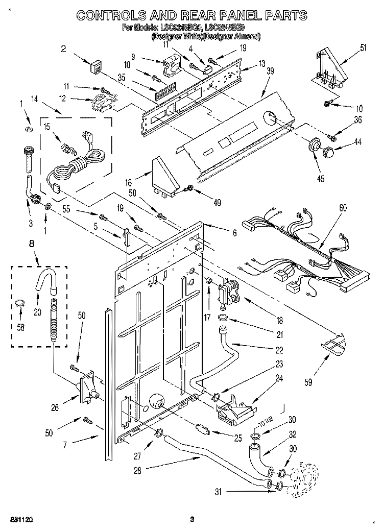 CONTROLS AND REAR PANEL Diagram and Parts List for LSC9245BQ0  Whirlpool Washer