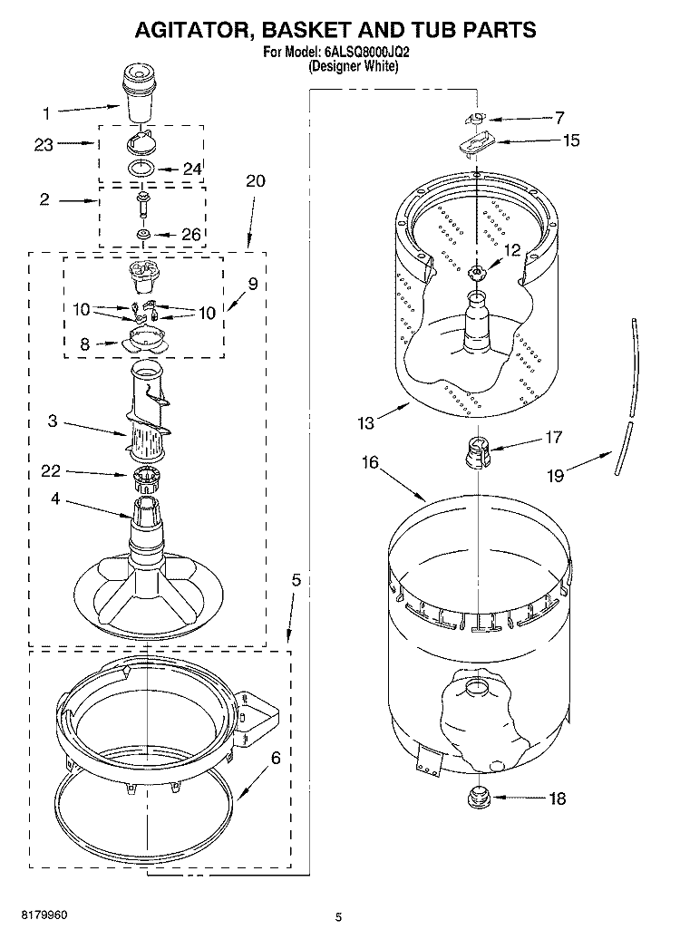 AGITATOR, BASKET AND TUB PARTS Diagram and Parts List for 6ALSQ8000JQ2  Whirlpool Washer