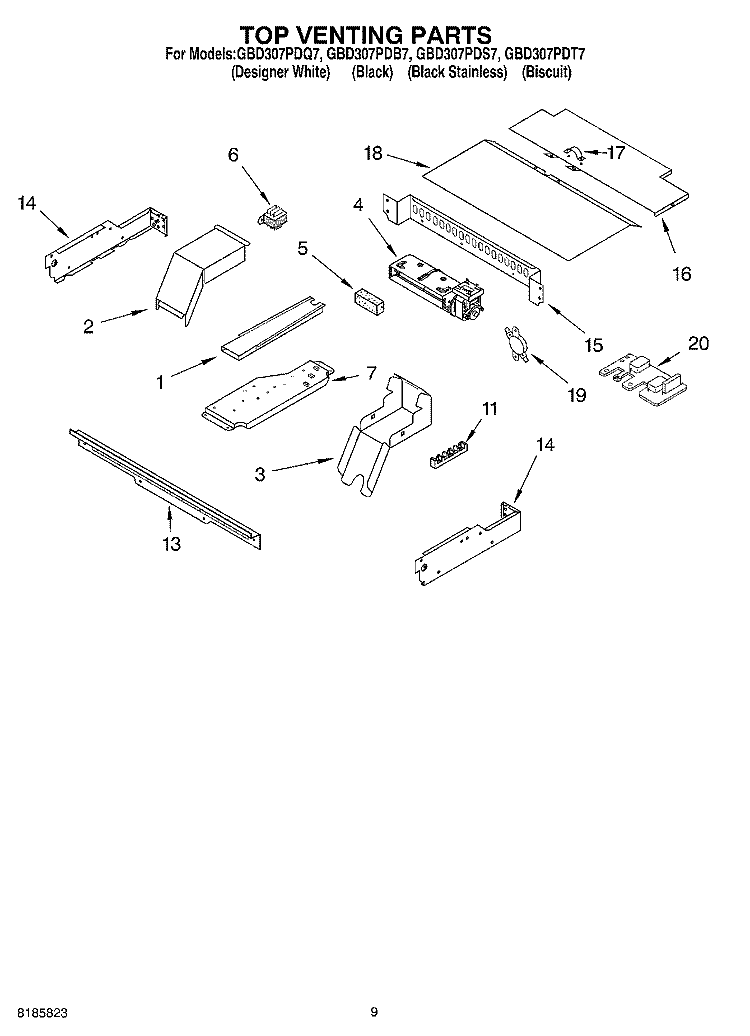 TOP VENTING, OPTIONAL Diagram and Parts List for GBD307PDQ7  Whirlpool Wall Oven