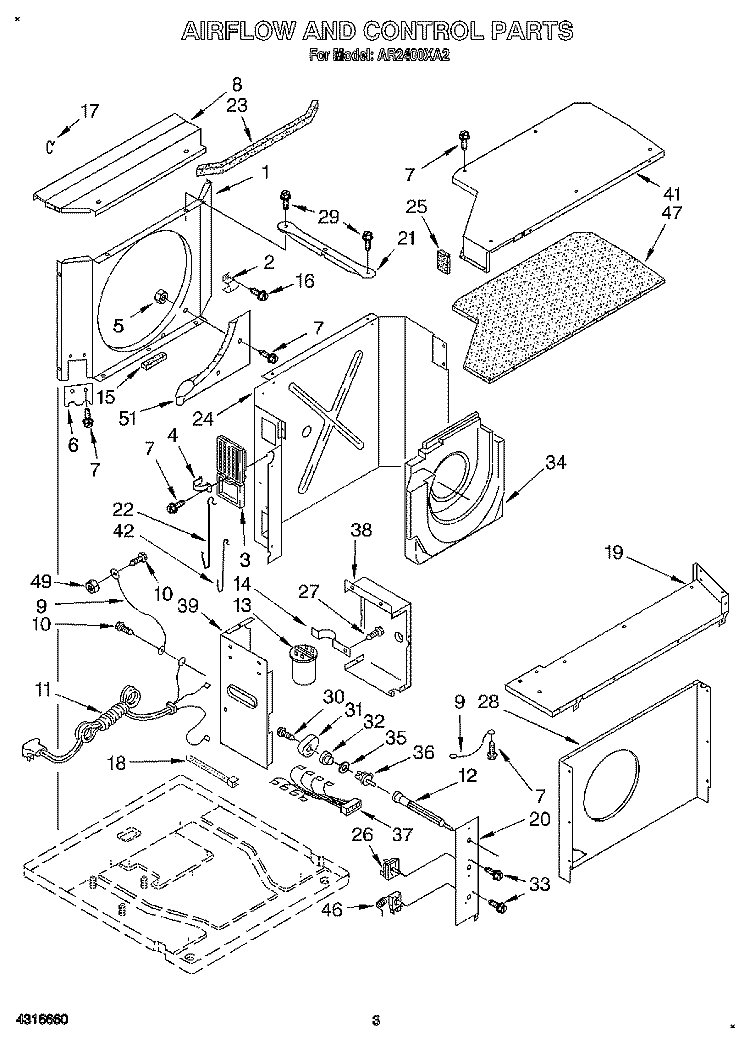 AIRFLOW AND CONTROL Diagram and Parts List for AR2400XA2  Whirlpool Air Conditioner