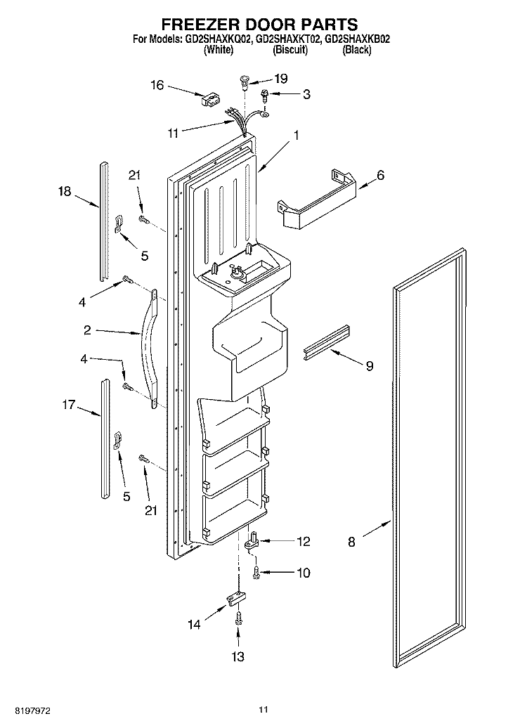 FREEZER DOOR Diagram and Parts List for GD2SHAXKT02  Whirlpool Refrigerator