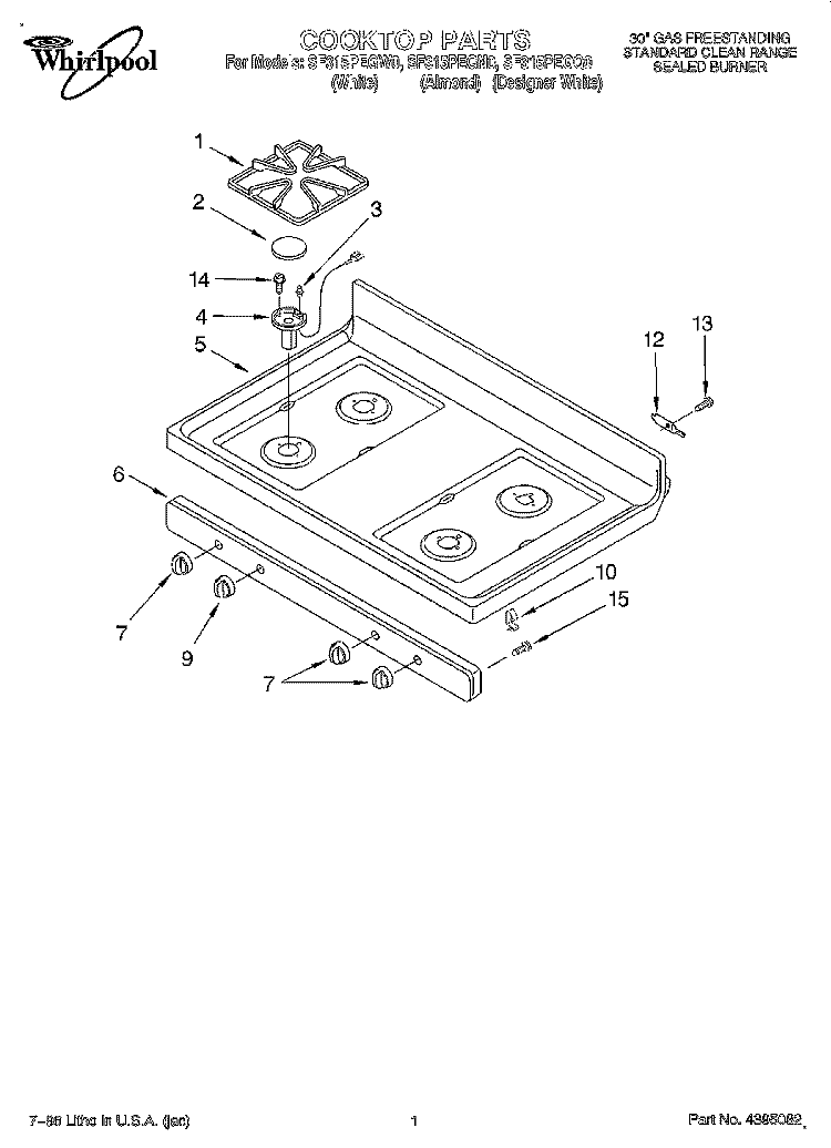 COOKTOP Diagram and Parts List for SF315PEGN0  Whirlpool Range