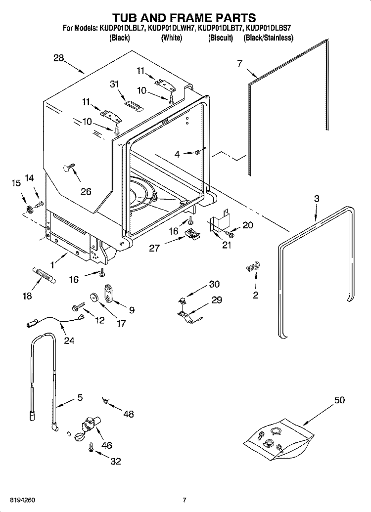 TUB AND FRAME PARTS Diagram and Parts List for KUDP01DLBL7  KitchenAid Dishwasher