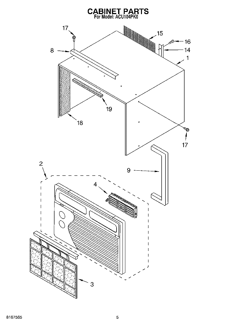 CABINET PARTS Diagram and Parts List for ACU104PK0  Whirlpool Air Conditioner