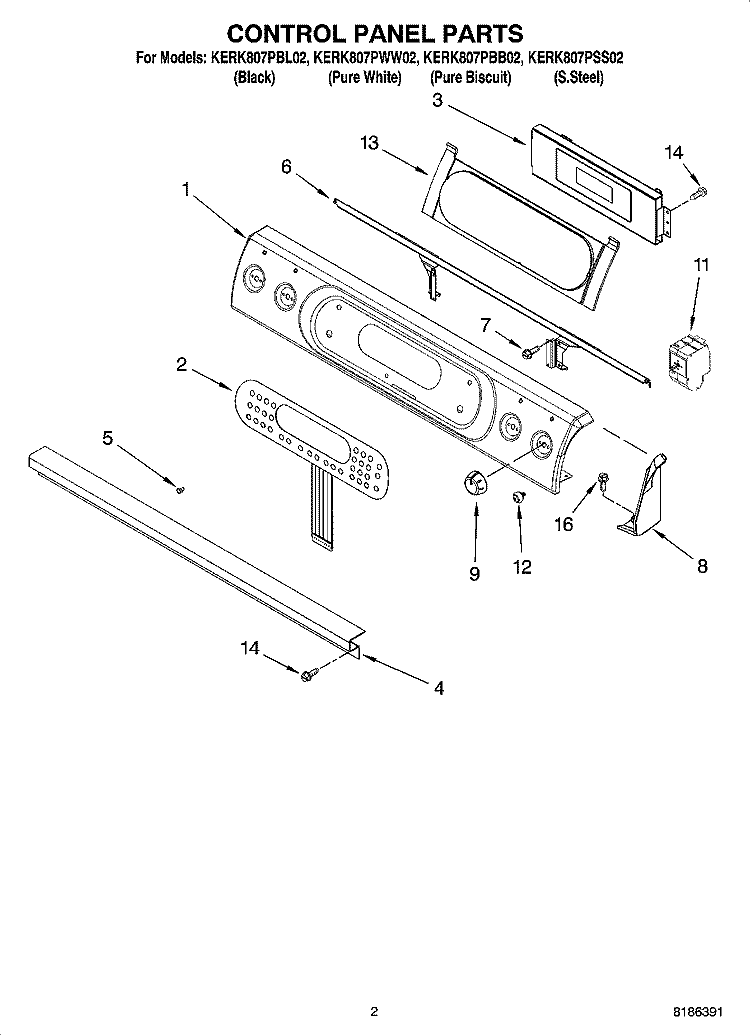 CONTROL PANEL PARTS Diagram and Parts List for KERK807PBB02  KitchenAid Range
