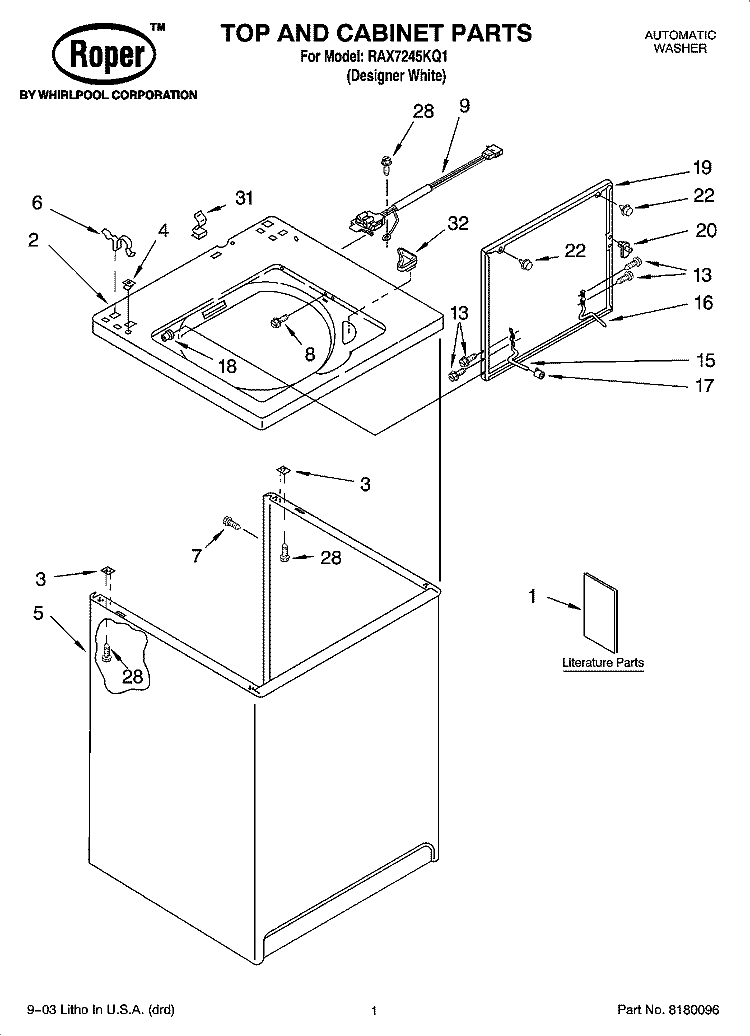 TOP AND CABINET PARTS Diagram and Parts List for RAX7245KQ1  Roper Washer