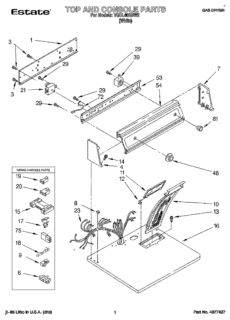 TOP AND CONSOLE, LIT/OPTIONAL Diagram and Parts List for TGDL400BW2  Whirlpool Dryer