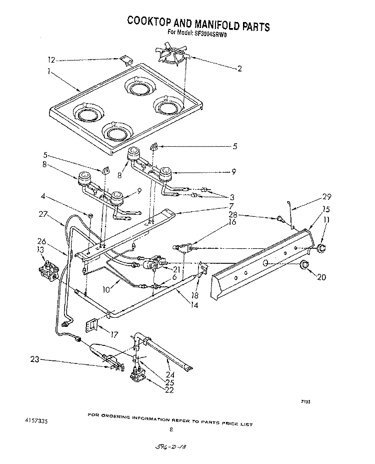 COOKTOP AND MANIFOLD , LITERATURE AND OPTIONAL Diagram and Parts List for SF3004SRW0  Whirlpool Range