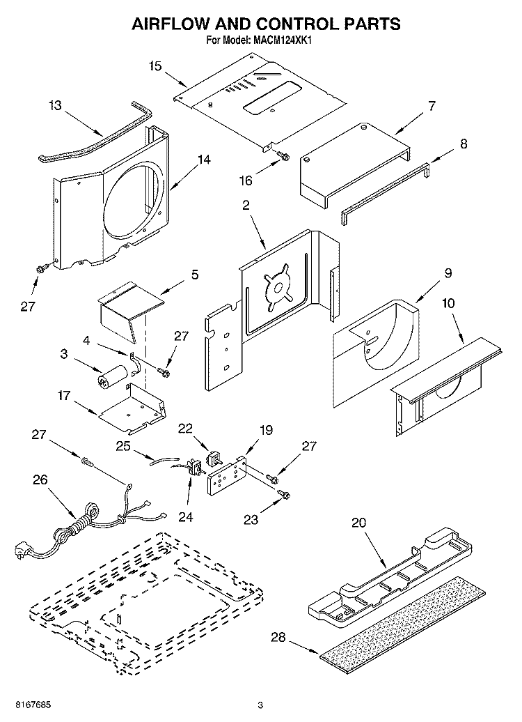 AIR FLOW AND CONTROL PARTS Diagram and Parts List for MACM124XK1  Whirlpool Air Conditioner