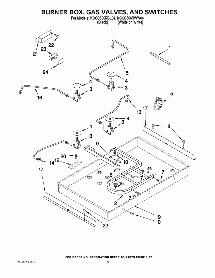 BURNER BOX, GAS VALVES, AND SWITCHES Diagram and Parts List for KGCC506RBL04  KitchenAid Cooktop