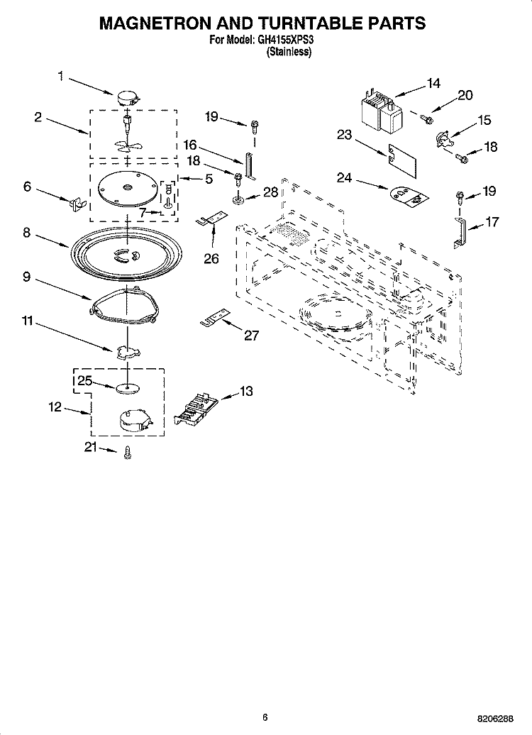 MAGNETRON AND TURNTABLE PARTS Diagram and Parts List for GH4155XPS3  Whirlpool Microwave