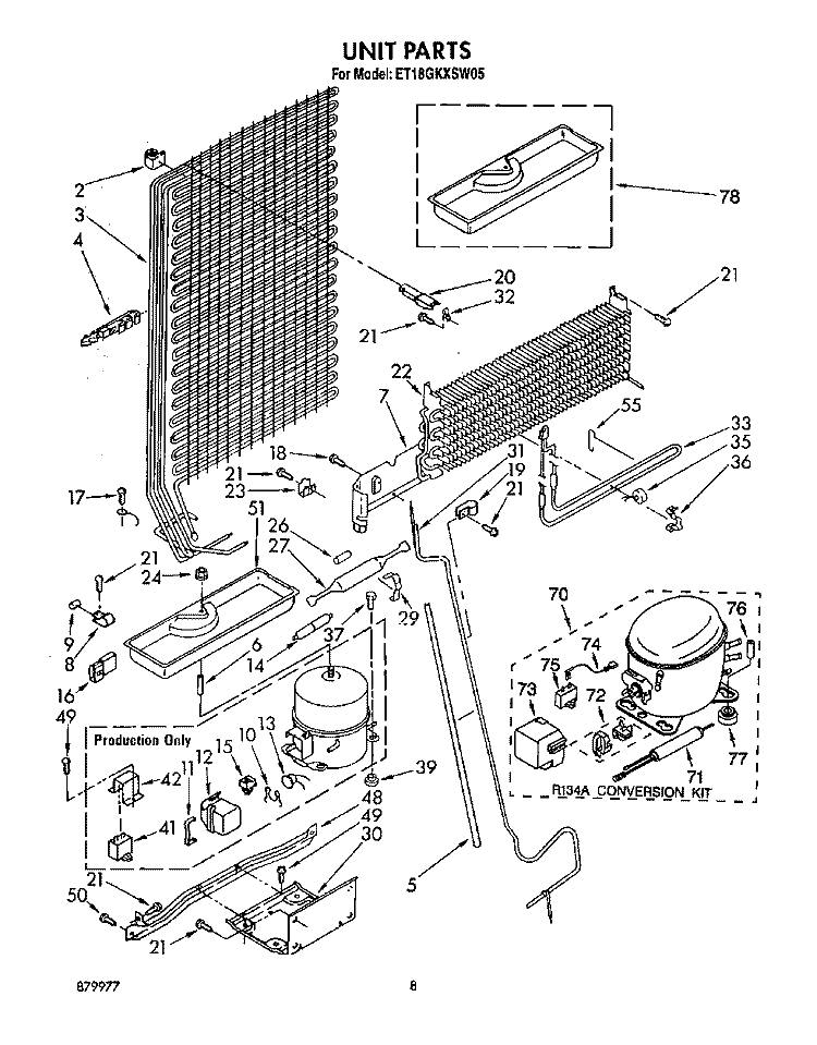 UNIT Diagram and Parts List for ET18GKXSW05  Whirlpool Refrigerator