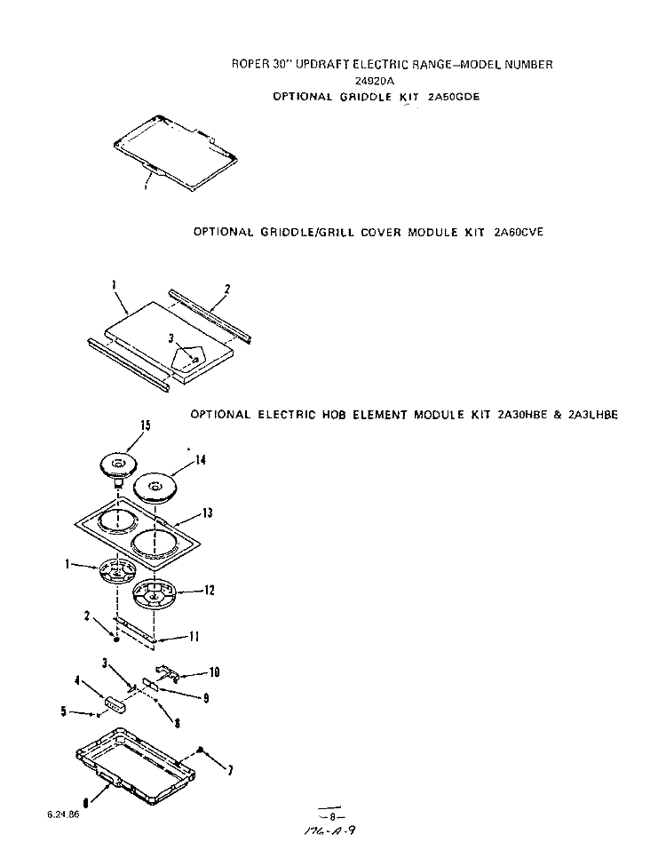 GRIDDLE , GRIDDLE/GRILL COVER Diagram and Parts List for 2492L0A  Roper Range