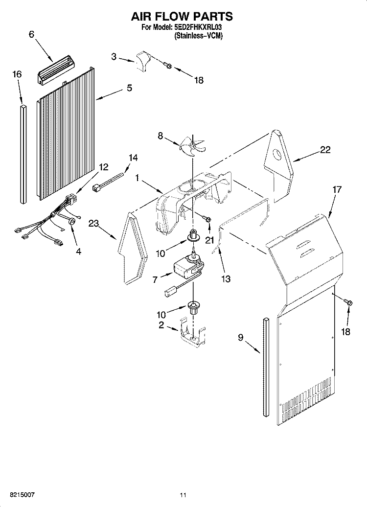 AIR FLOW PARTS Diagram and Parts List for 5ED2FHKXRL03  Whirlpool Refrigerator
