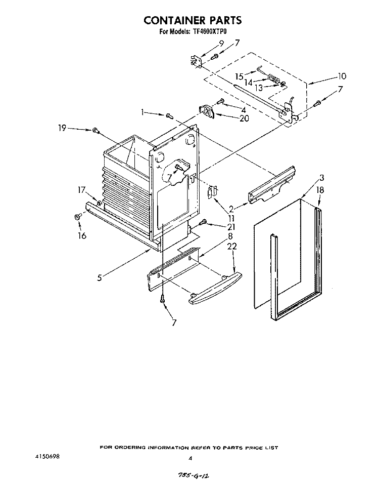 CONTAINER Diagram and Parts List for TF4600XTP0  Whirlpool Trash Compactor