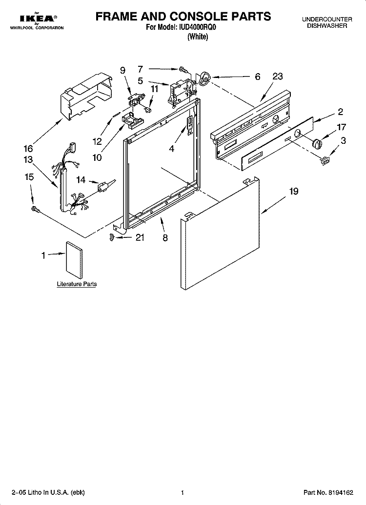 FRAME AND CONSOLE PARTS Diagram and Parts List for IUD4000RQ0  Whirlpool Dishwasher