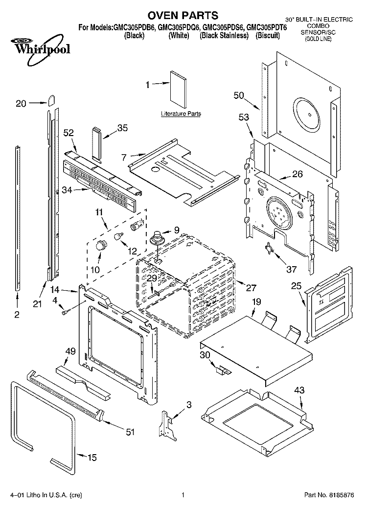 OVEN, LITERATURE Diagram and Parts List for GMC305PDB6  Whirlpool Microwave Oven Combo