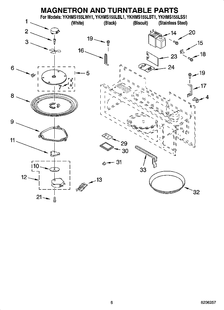 MAGNETRON AND TURNTABLE PARTS Diagram and Parts List for YKHMS155LWH1  KitchenAid Microwave