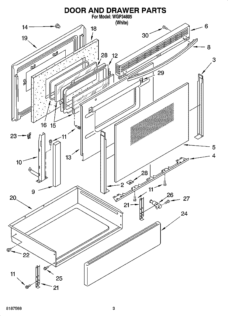 DOOR AND DRAWER PARTS Diagram and Parts List for WGP34805  Whirlpool Range